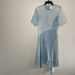 COLOVOS Dress Womens Medium M Chambray Seamed Midi Light Blue Combo Pockets
